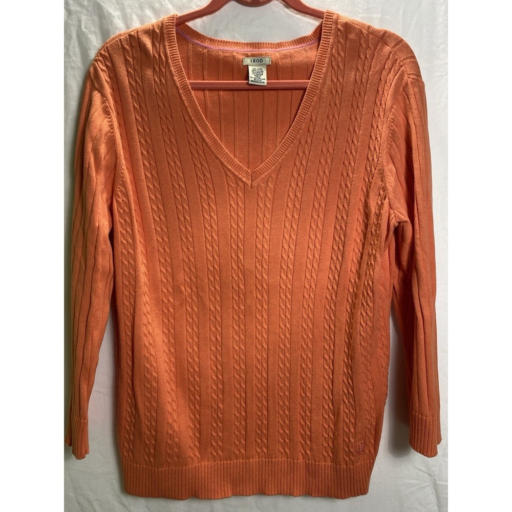 Vintage Izod Y2K Cable Knit V-Neck Sweater Women‎ XL Coral Pink Cotton Preppy